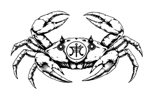 A crab with a defensive pose with an unnatural face its claws scary with a zodiac symbol prominent and has extra long legs and big etes tattoo idea