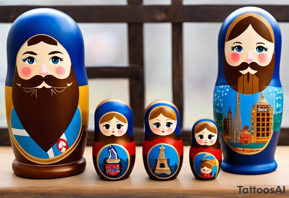 Matryoshka doll family of 4. Each separate doll is designed based on their individual description. Father (biggest doll) has full beard, blue eyes, short brown hair, loves LA Dodgers. Mother (second biggest doll) has blonde bob, blue eyes, thick rimmed black glasses, loves leopard print. Son is 4 years old, blue eyes, blonde spiky hair, loves Paw Patrol. Daughter is 2 years old, blue eyes, long eyelashes, short light brown bob, loves Bluey. tattoo idea