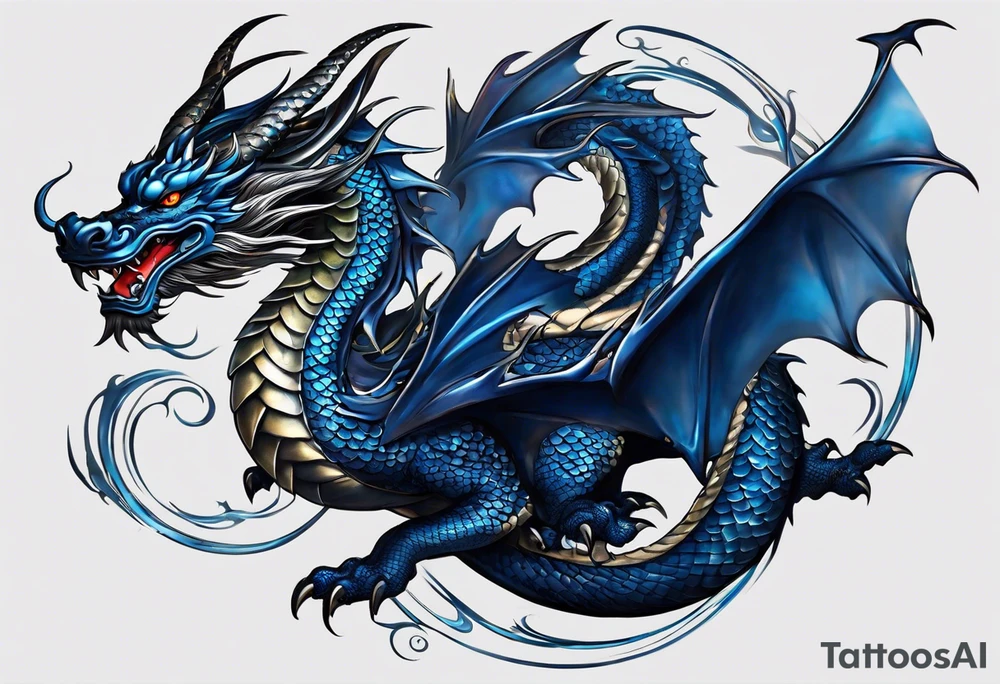 An epic floating asian dragon. Its long body coiling dynamically, with scales and horns detailed to create a sense of movement and strength. The dragon's main color is midnight blue, giving a vibrant depth and a mystical aura. This tattoo highlights the dragon’s fierce expression and sharp claws. tattoo idea
