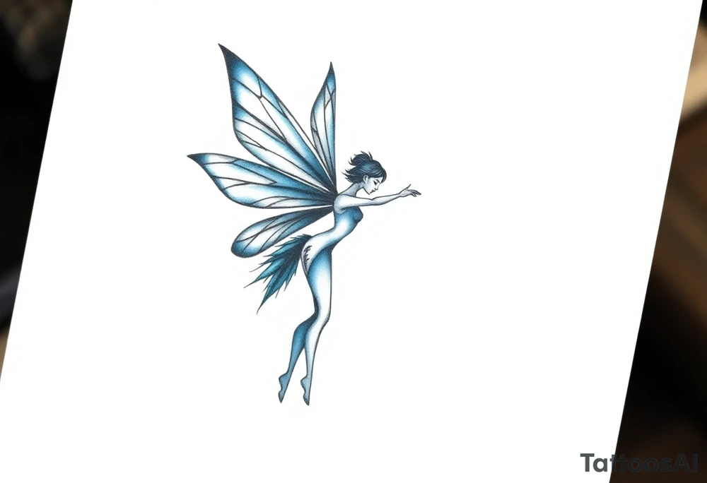 A minimalist fairy tattoo that represents a shattered and betrayed gemini woman who fought hard throughout this year. With colors blue and black. Make it unique and rare. Without leaves and stem. tattoo idea
