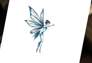 A minimalist fairy tattoo that represents a shattered and betrayed gemini woman who fought hard throughout this year. With colors blue and black. Make it unique and rare. Without leaves and stem. tattoo idea