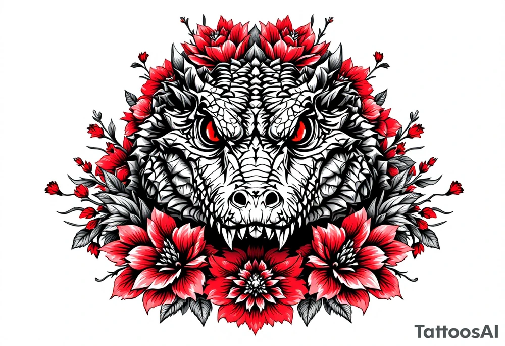 powerful and full aligator with red eyes, surrounded by red floral ornaments tattoo idea