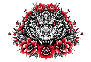 powerful and full aligator with red eyes, surrounded by red floral ornaments tattoo idea