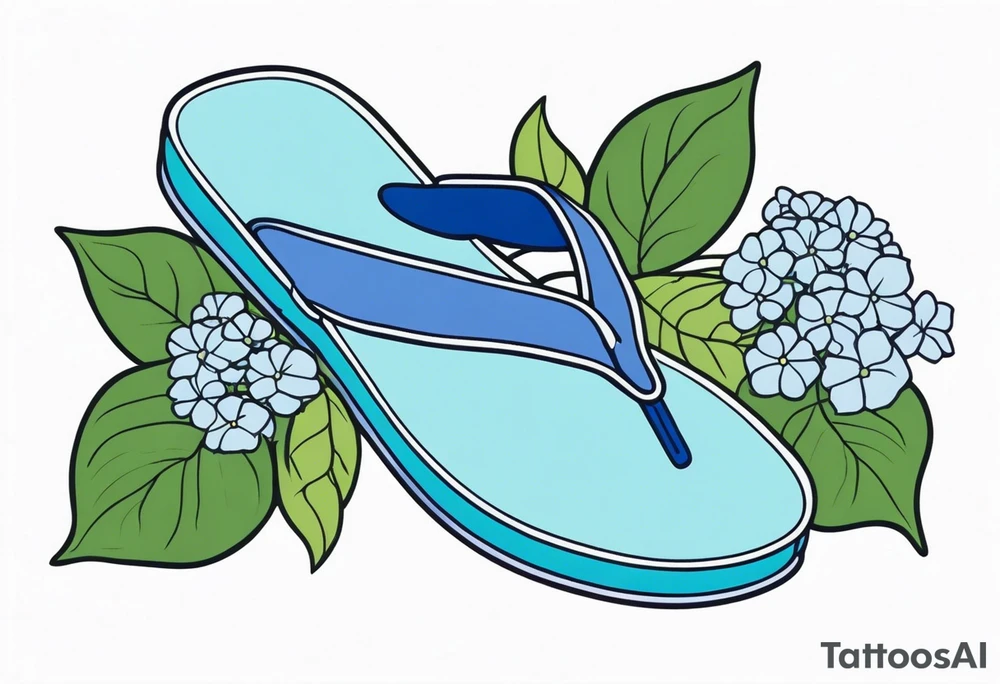 small tattoo of a single pastel blue flip flop surrounded by blue and periwinkle hydrangea flowers with green leaves tattoo idea