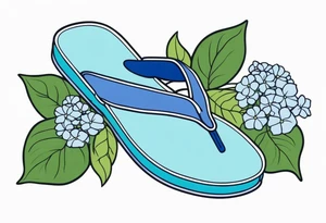 small tattoo of a single pastel blue flip flop surrounded by blue and periwinkle hydrangea flowers with green leaves tattoo idea