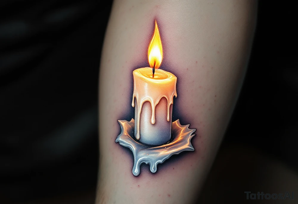 A 3D burning candle with melting wax, dripping down the skin in soft ivory and golden light, symbolizing love’s eternal flame. tattoo idea