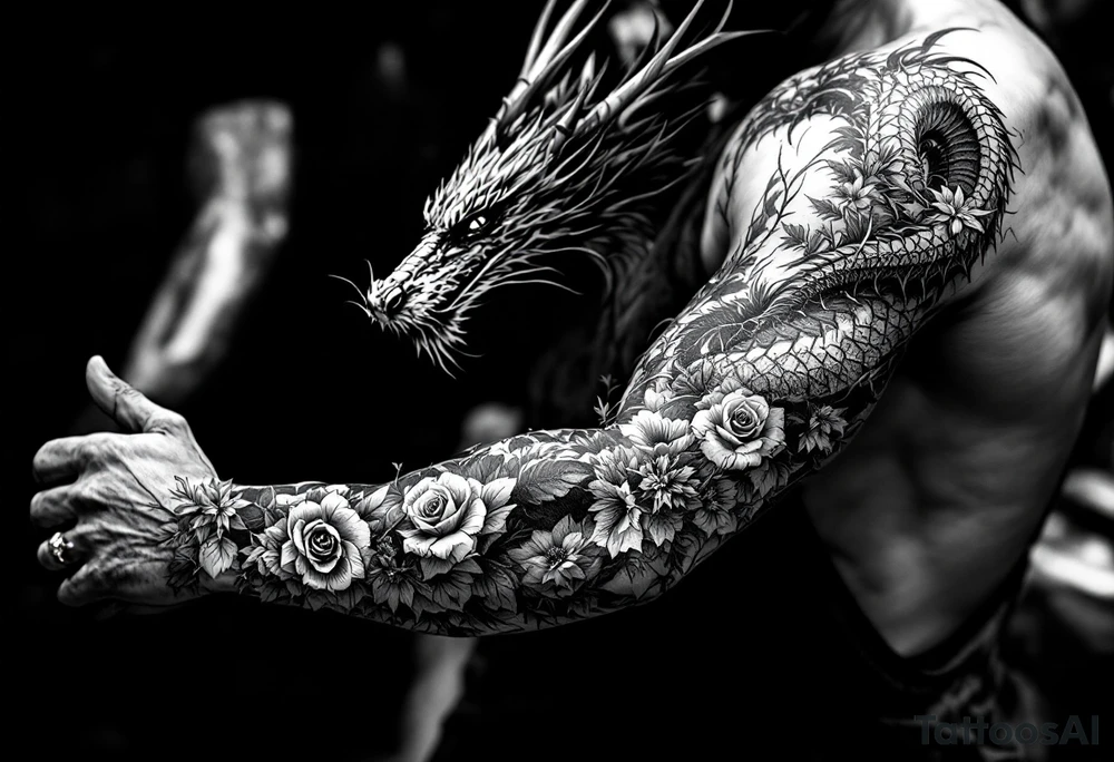 dragon with dead flowers surrounding tattoo idea