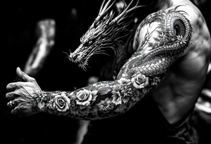 dragon with dead flowers surrounding tattoo idea