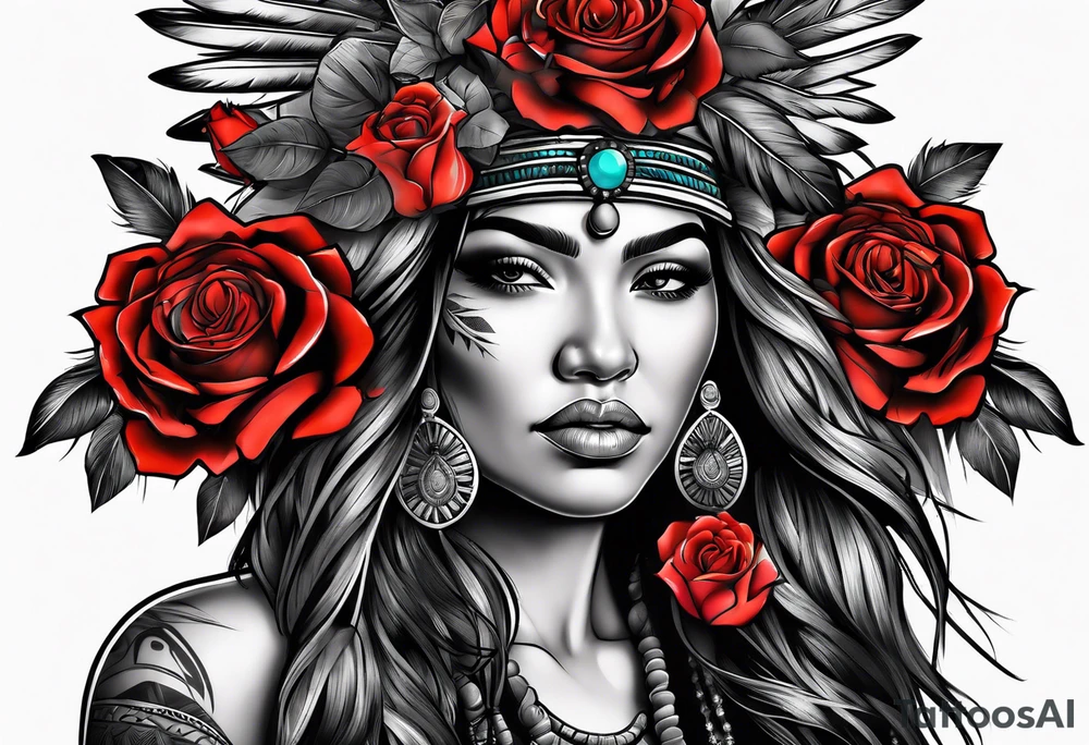 Apache woman with colored roses tattoo idea
