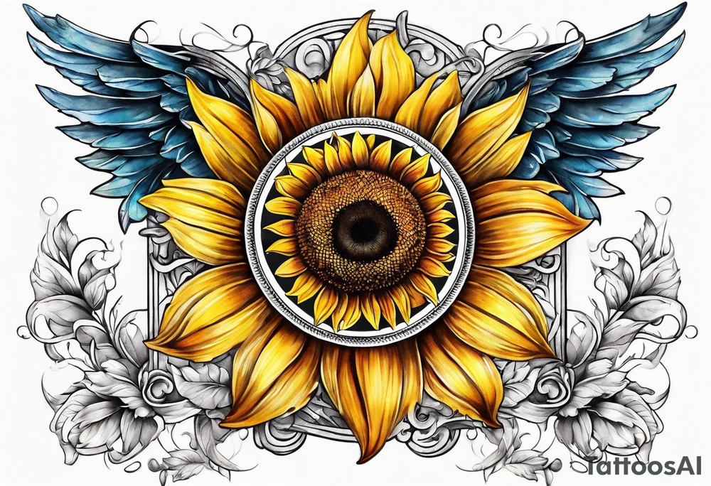 Winged cross with sunflower arm sleeve tattoo idea