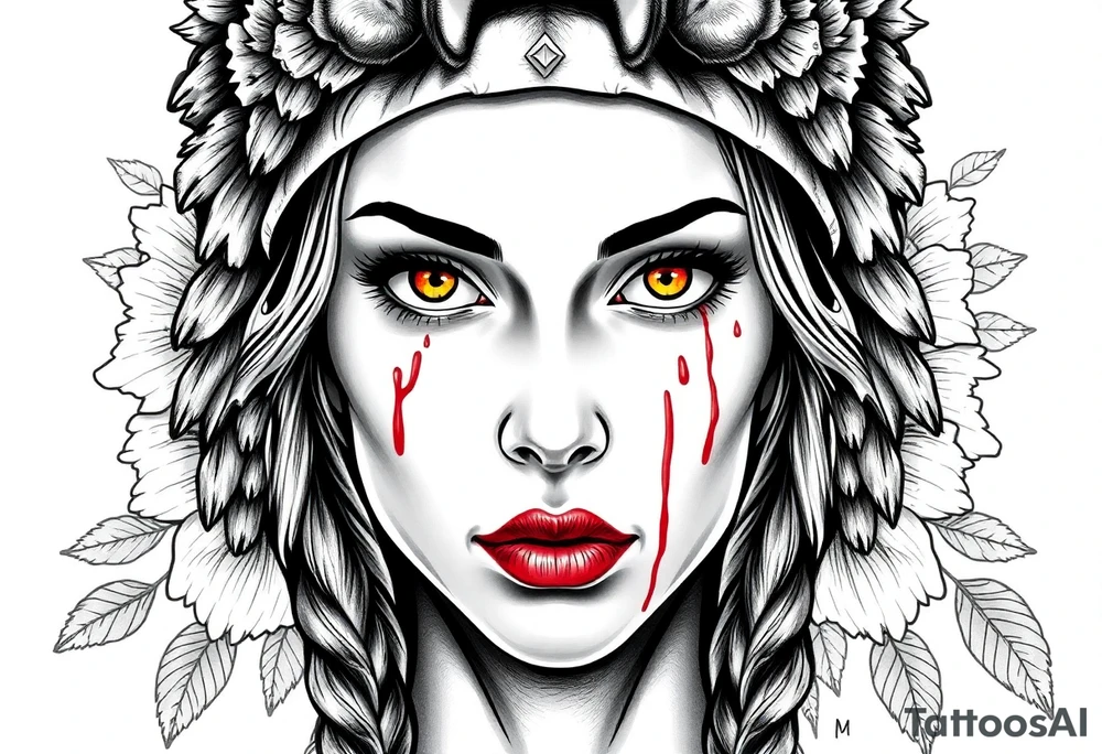 Young Symmetrical Beautiful Woman, looking forward, with colored eyes, shedding a tear, with battle scars and blood on face, with soft look, wearing a mean looking bear headdress on head, with flower background tattoo idea