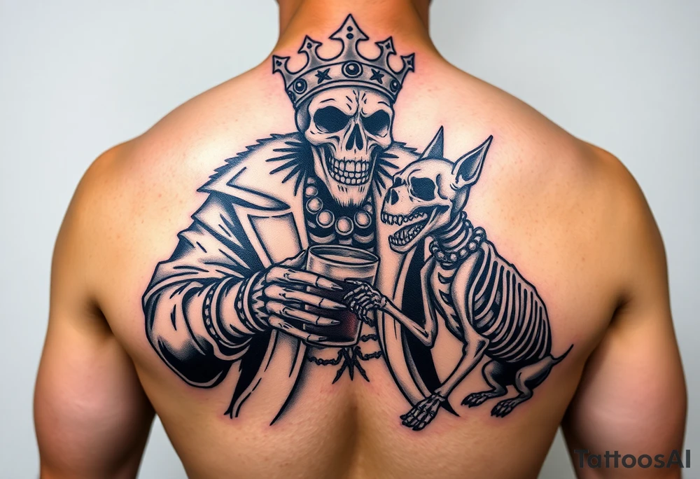 evil skeleton king in clothes having a good time getting drunk with skeleton dog tattoo idea