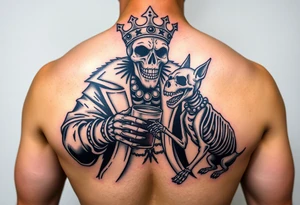 evil skeleton king in clothes having a good time getting drunk with skeleton dog tattoo idea