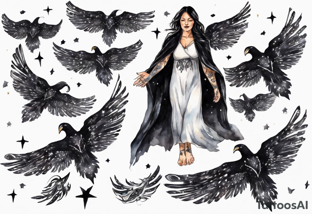 a beautiful 45 year old Dakota woman flying in the night sky with black wings, wearing a black and white cloak, bare feet tattoo idea
