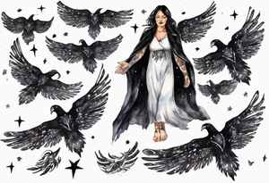 a beautiful 45 year old Dakota woman flying in the night sky with black wings, wearing a black and white cloak, bare feet tattoo idea