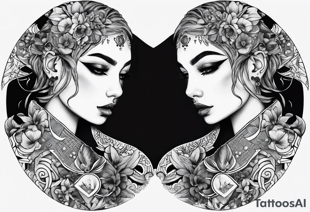Men's chest tatto with two female psychedelic entities facing each other, meaning that only  their sides are visible. They are holding something which is positioned in the middle of the chest tattoo idea