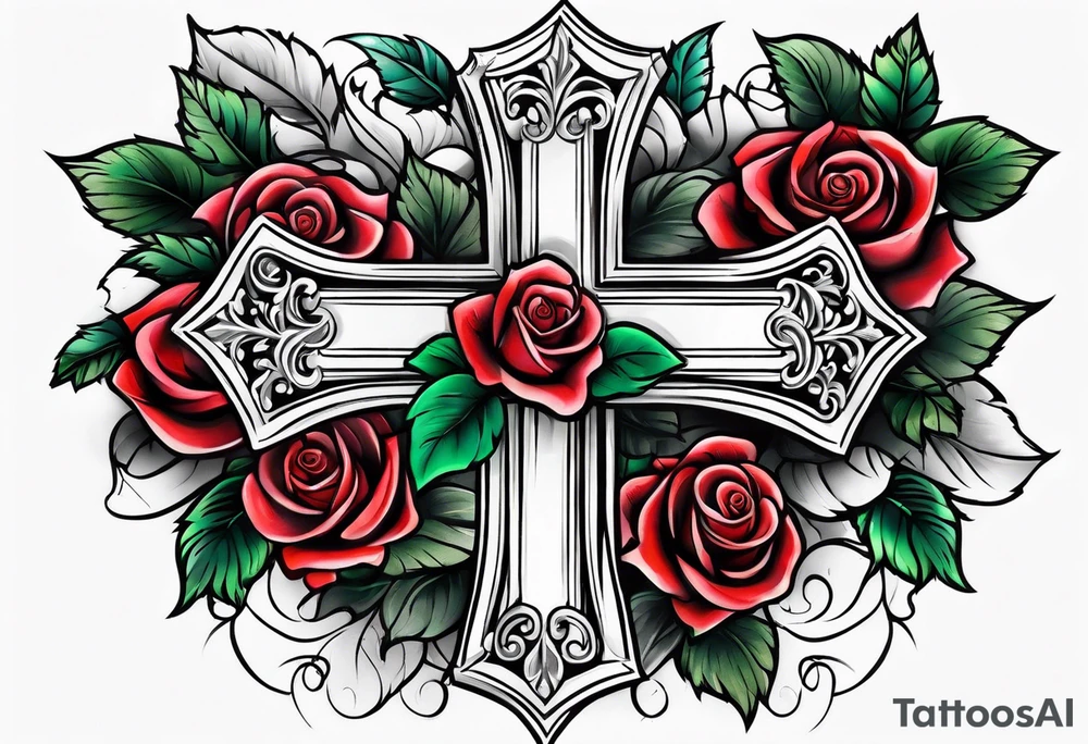 Cross with colored roses tattoo idea
