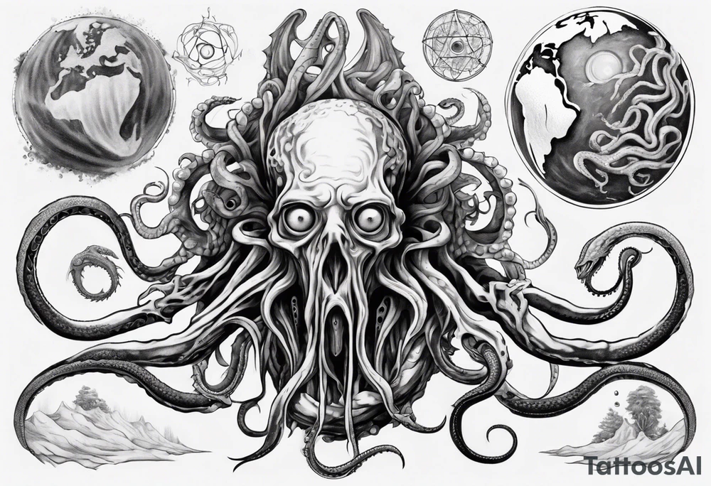 a tattoo on the theme of lovecraft, with long tentacles that embrace the earth tattoo idea