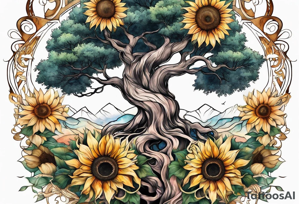 Feminine Yggdrasil tree with two sunflowers tattoo idea