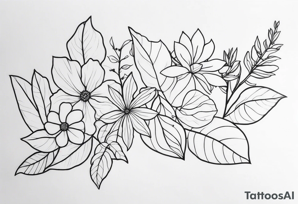 line of leaves and flowers tattoo idea
