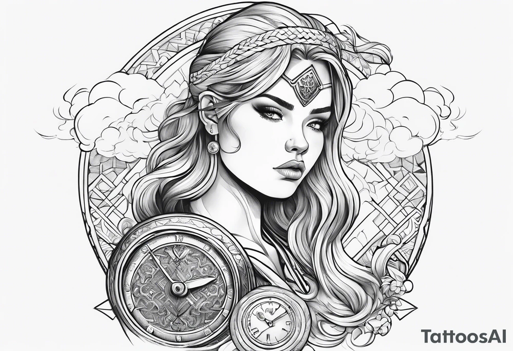 A girl with a viking cloud with a watch i her hand tattoo idea