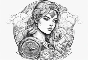 A girl with a viking cloud with a watch i her hand tattoo idea