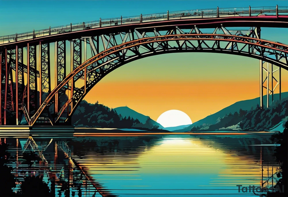 70's poster art, pop art, simple, view from under steel truss cantilever bridge tattoo idea
