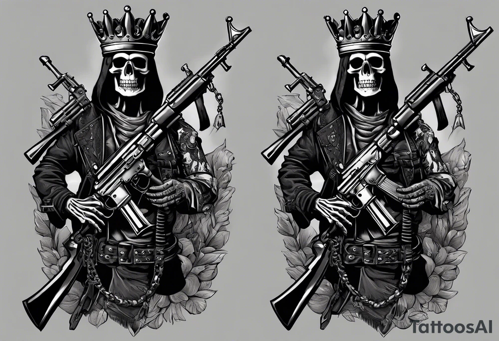 image of a skeleton standing frontally with a crown on his head, holding an AK-47 on his shoulder with his right hand. The chain on the left should be taut, there are three angry barking Dobermans in it, near the waist tattoo idea