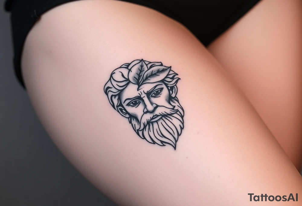 Platos Greek god only his face with a leaf on top tattoo idea