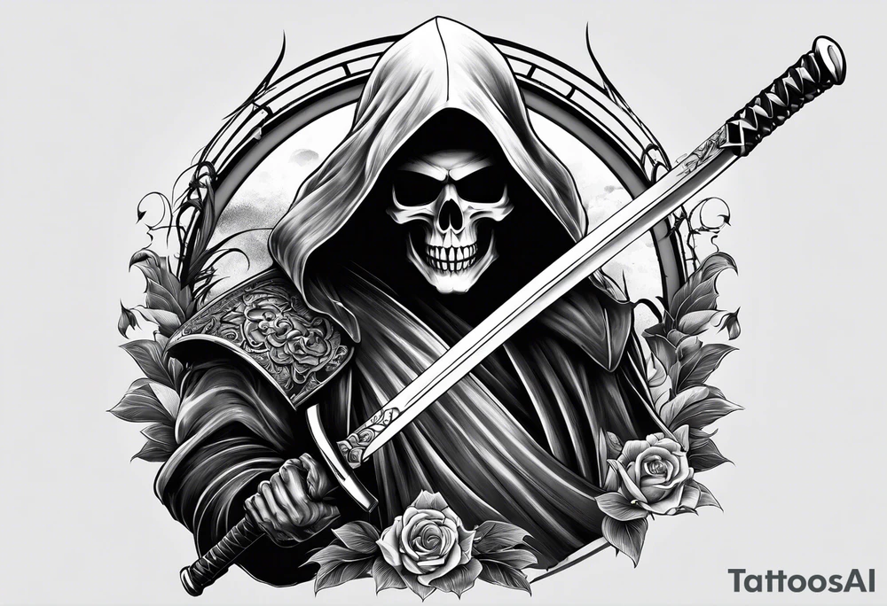 katana with grim reaper and skull tattoo idea