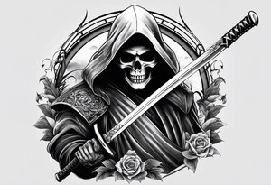 katana with grim reaper and skull tattoo idea