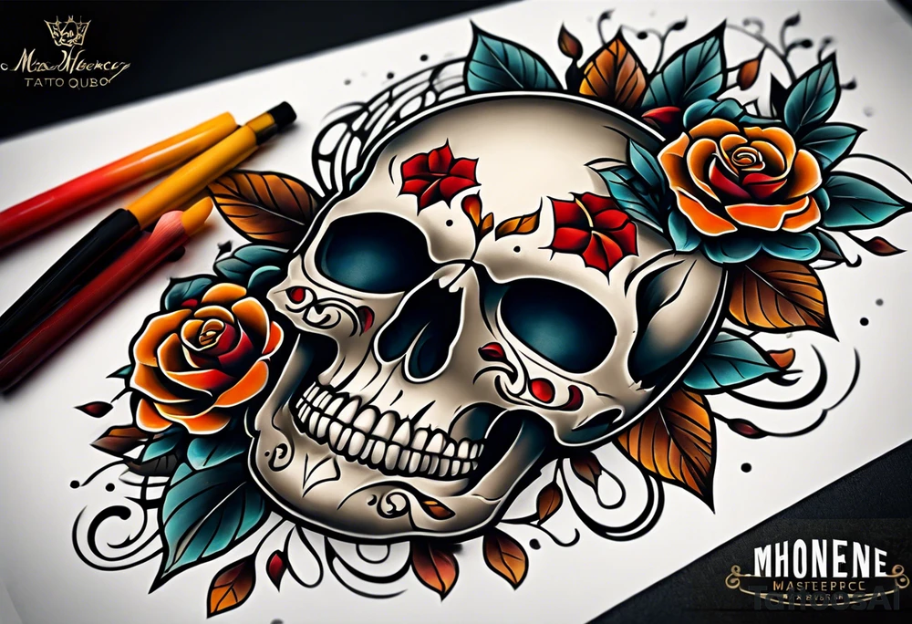 traditional Knee tattoo in fall colors showing a large skull with a rose in the style of Mark Mahoney tattoo idea