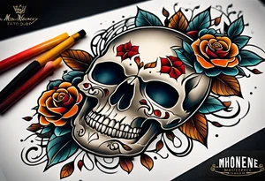 traditional Knee tattoo in fall colors showing a large skull with a rose in the style of Mark Mahoney tattoo idea