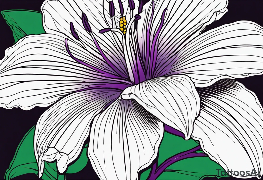 An outline of a rio dipladenia flower with a splatter green and purple background tattoo idea
