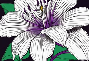 An outline of a rio dipladenia flower with a splatter green and purple background tattoo idea