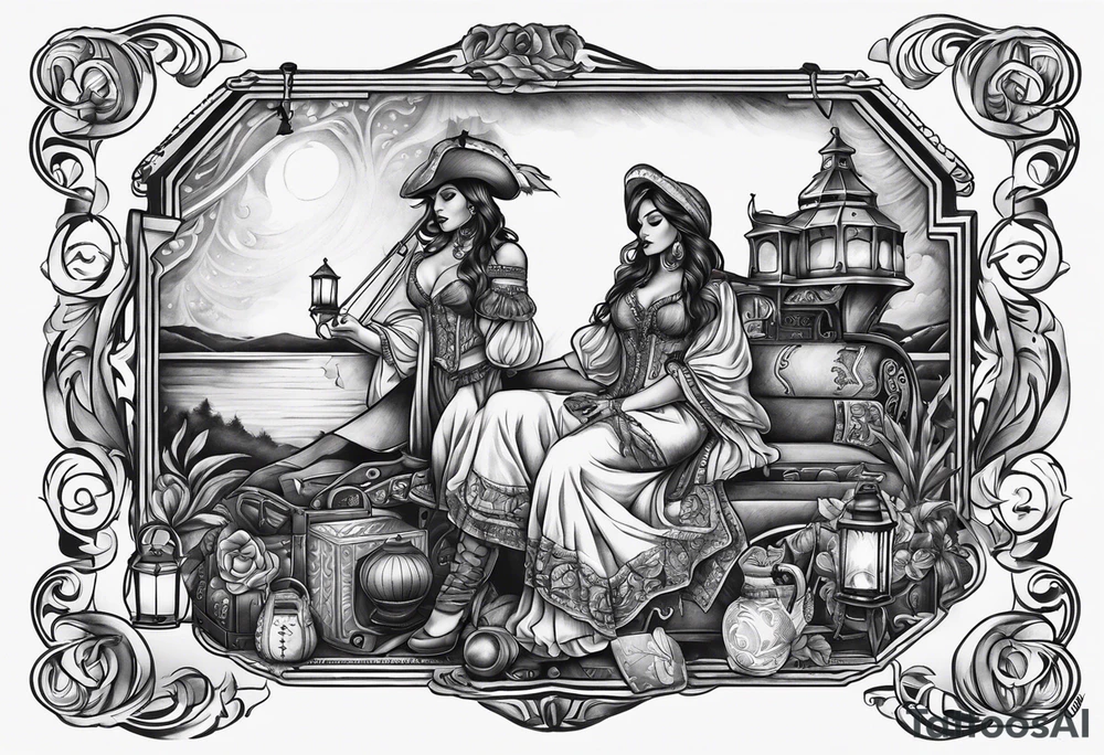 Gypsy with lantern and flintlock pistol tattoo idea