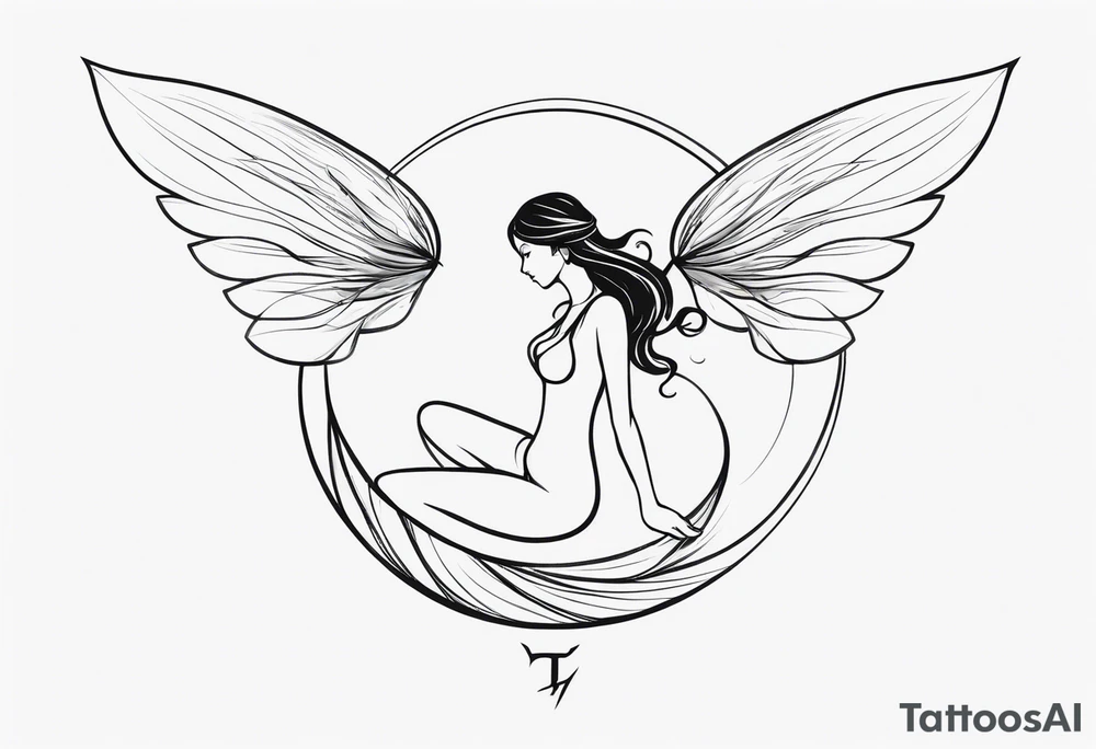 Minimalistic, monochromatic fairy with a tail flying to the left in a fetal position, leaning and looking in the same direction, with visible hands, embodying the 'Fairy Tail' logo aesthetic. tattoo idea