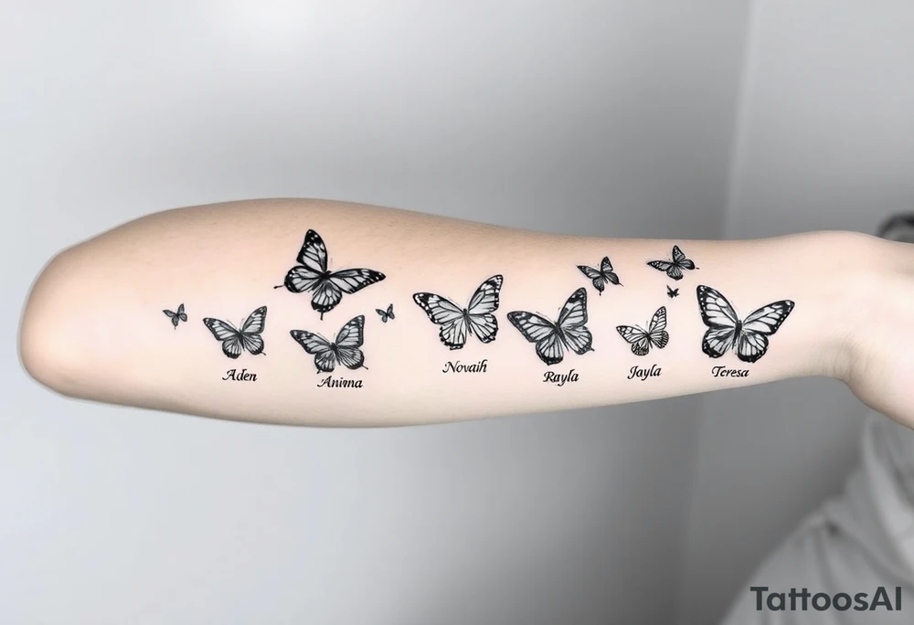 Six different butterflies streaming down arm with six kids names Aden, Aninna, Novaih, Rayla, Jayla, Teresa tattoo idea