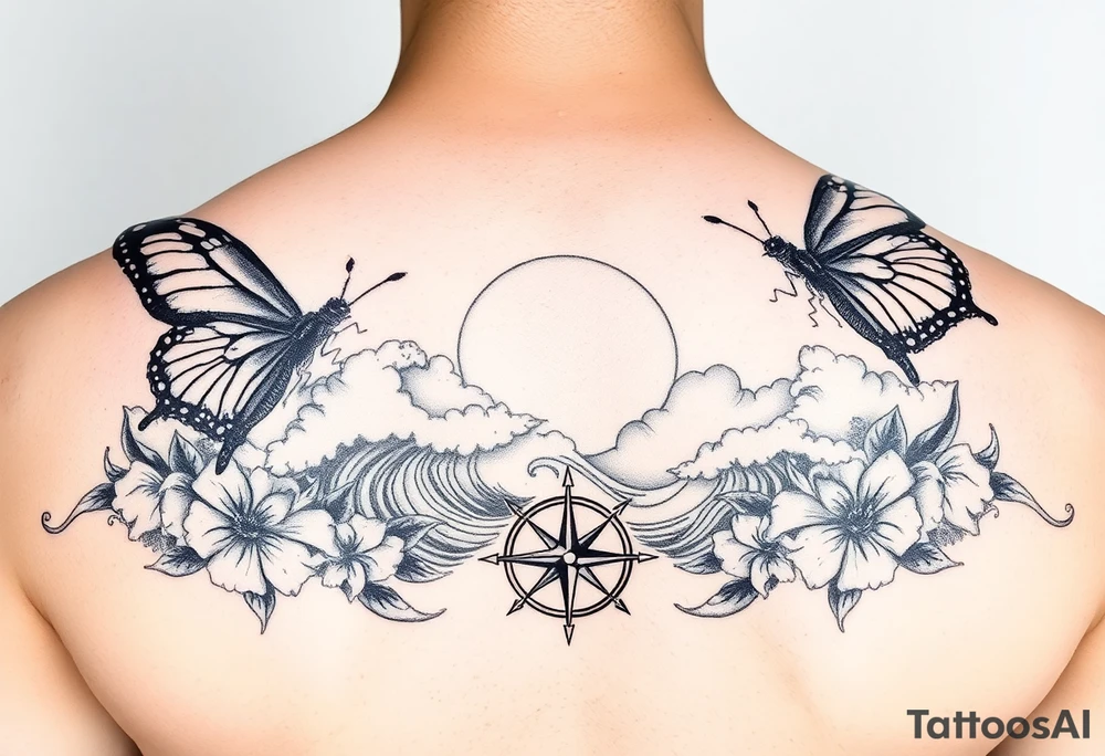 butterflies and the sun shining through clouds, with waves crashing in the background with a compass on top
half sleeve tattoo idea