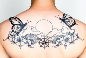 butterflies and the sun shining through clouds, with waves crashing in the background with a compass on top
half sleeve tattoo idea