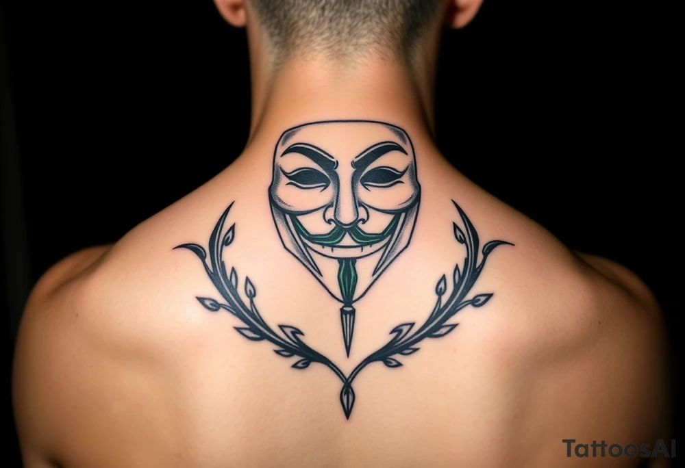 Anonymous hacker mask neck tattoo green and black color black hat hacker too tattoo idea