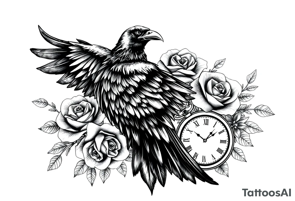 raven,roses,clock. tattoo idea