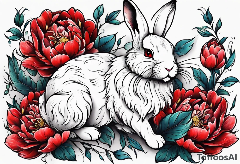 Red peony with small cute rabbit tattoo idea