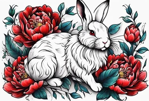 Red peony with small cute rabbit tattoo idea