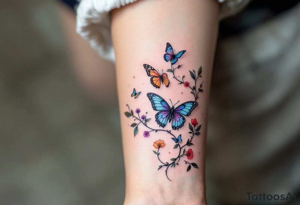 Colorful butterflies and vines tattoo idea