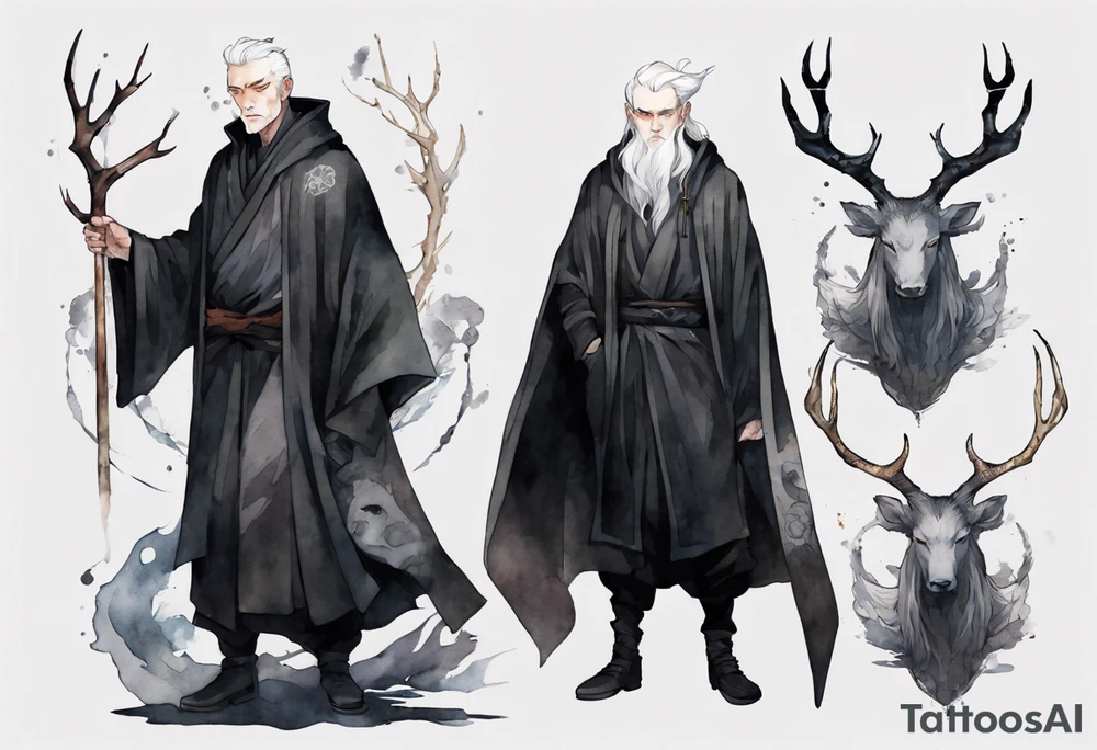 a gaunt man with white hair, grey eyes, antlers and a black cloak standing in the dark tattoo idea