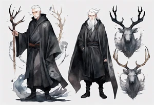 a gaunt man with white hair, grey eyes, antlers and a black cloak standing in the dark tattoo idea