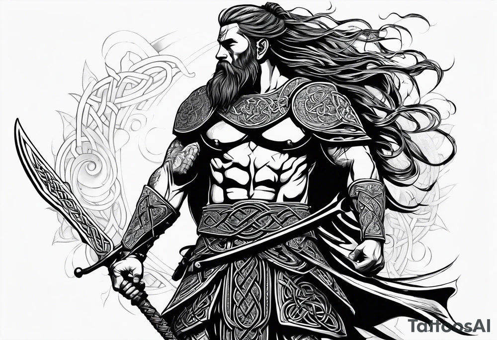 Full body side profile of a Celtic warrior with weapons, facing from left to right tattoo idea