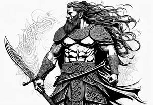 Full body side profile of a Celtic warrior with weapons, facing from left to right tattoo idea