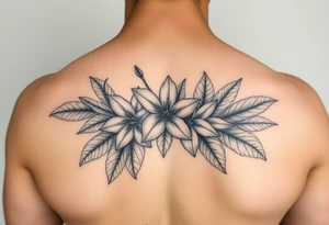 Beautiful, feminine, complex, detailed shading and cohesive mixture of the following: sampugita flowers, anahaw leaves (Livistona rotundifolia), ylang ylang, tropical foliage tattoo idea